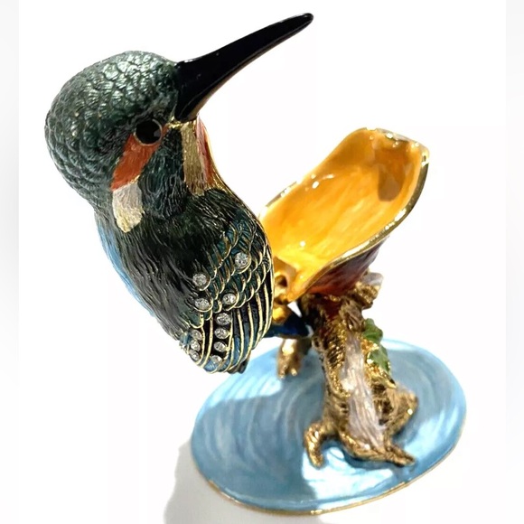 Kingfisher Bird Bejeweled Enameled Hummingbird Trinket Box Hinged Magnetic - Picture 8 of 13